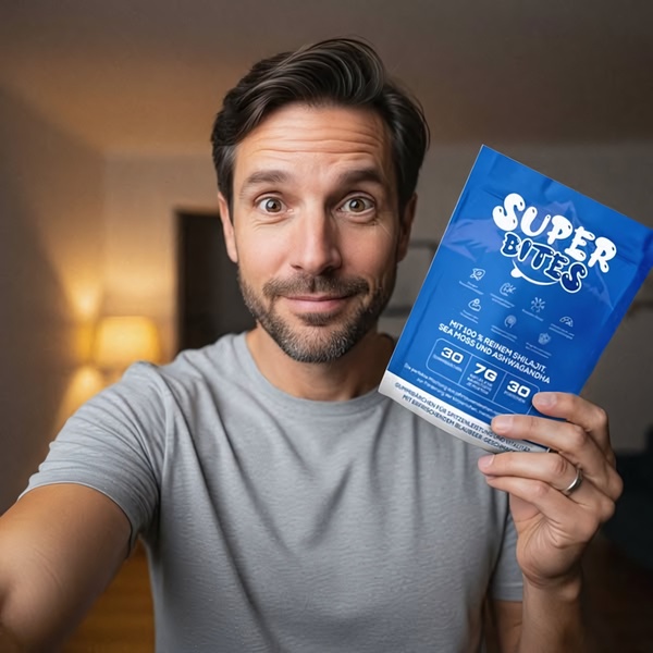 A close-up, high-trust shot of a founder holding a pack of shilajit gummies, focusing on authentic communication and product clarity.